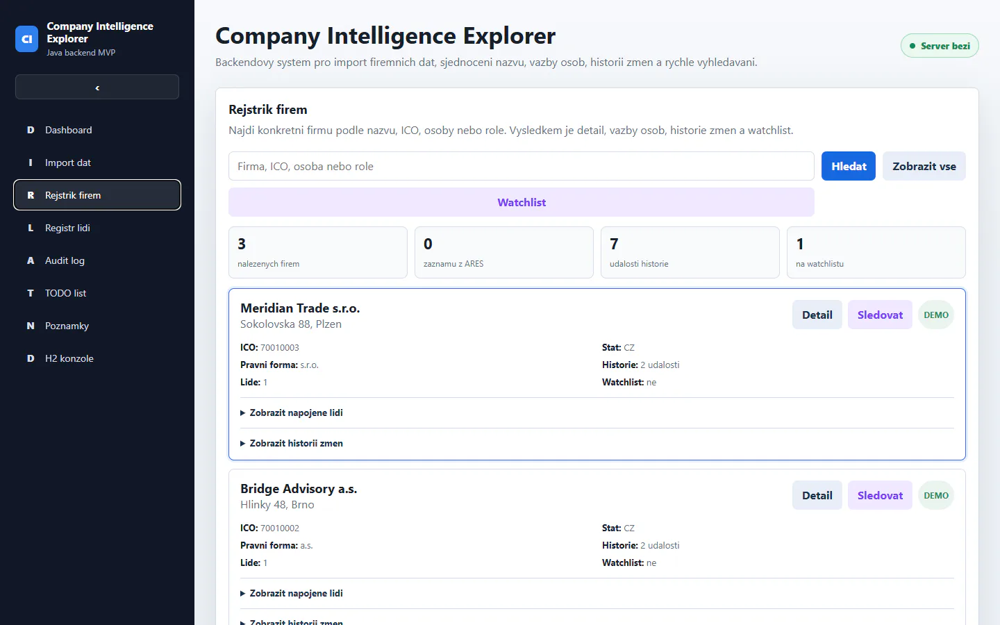 Company Intelligence Explorer – další obrazovka