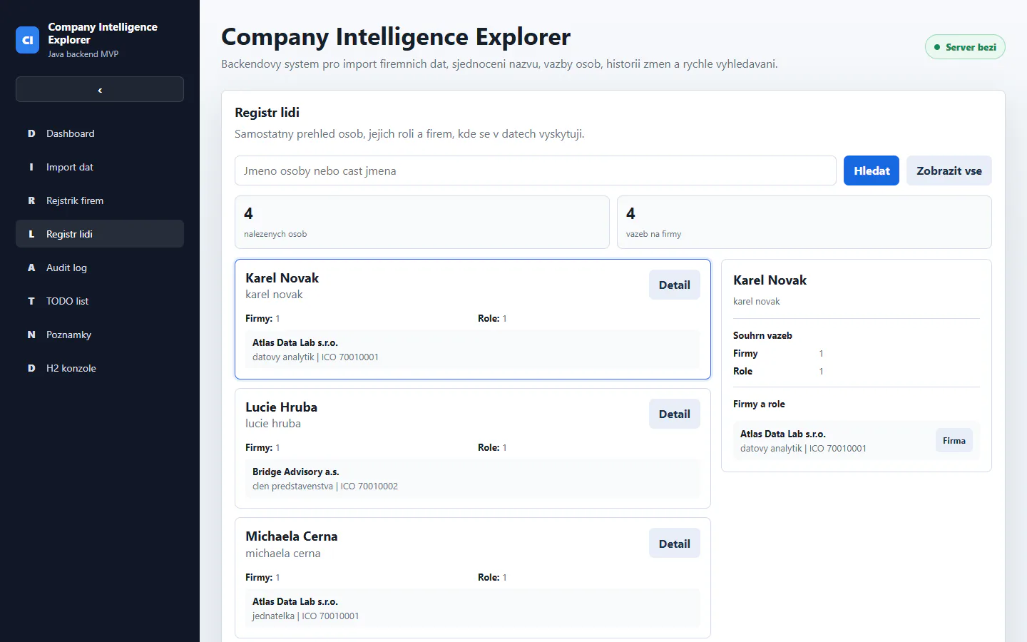 Company Intelligence Explorer – doplňující obrazovka