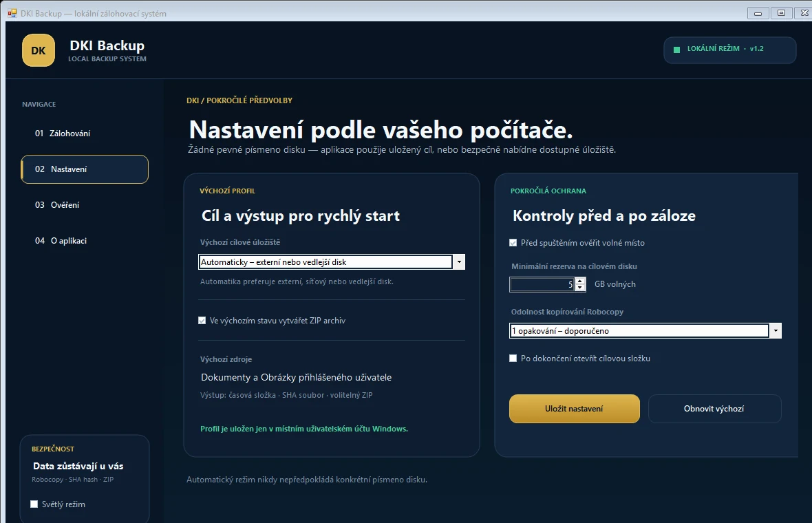 DKI Backup – doplňující obrazovka