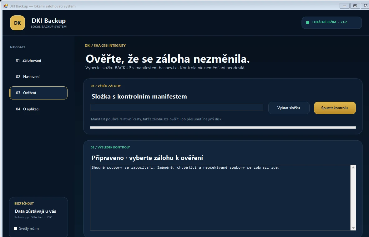 DKI Backup – další obrazovka